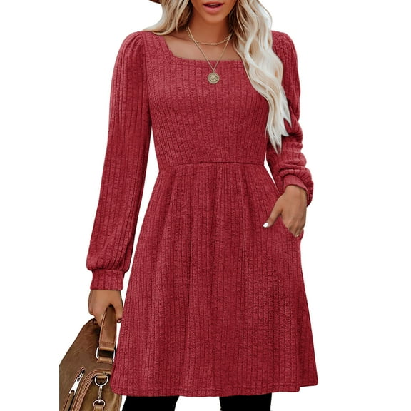 SHINE UP Dresses for Women Fall Square Neck Long Sleeve Knee Length Dress with Pockets
