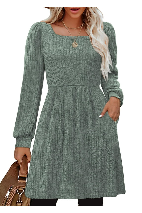 Dresses for Women Fall Square Neck Long Sleeve Knee Length Dress with Pockets