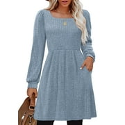 SHINE UP Dresses for Women Fall Square Neck Long Sleeve Knee Length Dress with Pockets