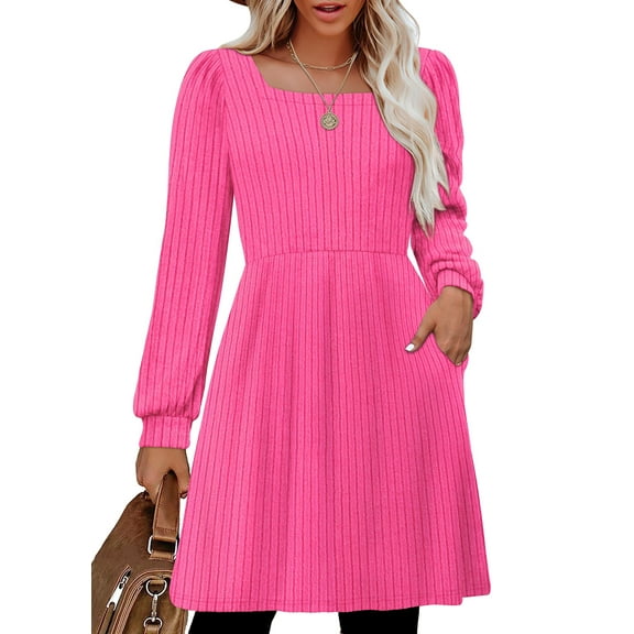 SHINE UP Dresses for Women Fall Square Neck Long Sleeve Knee Length Dress with Pockets