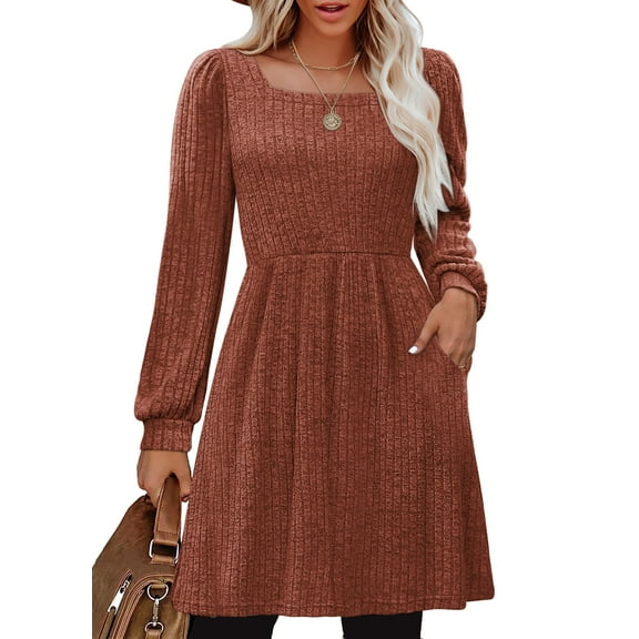 SHINE UP Dresses for Women Fall Square Neck Long Sleeve Knee Length Dress with Pockets