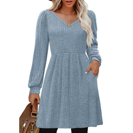 SHINE UP Dresses for Women Fall V Neck Long Sleeve Knee Length Dress with Pockets