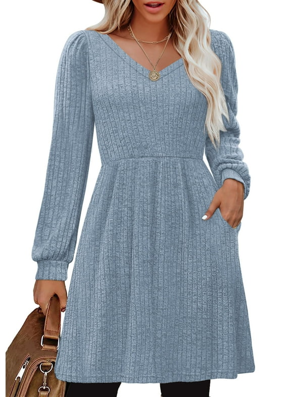 Dresses for Women Fall V Neck Long Sleeve Knee Length Dress with Pockets