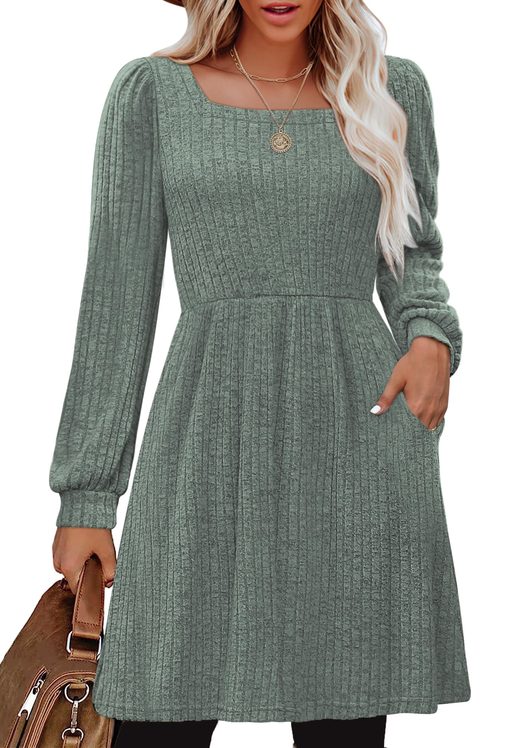 SHINE UP Dresses for Women Fall Square Neck Long Sleeve Knee Length Dress with Pockets