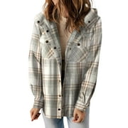 SHINE UP Flannel Shacket Jacket for Women Plaid Shirts Long Sleeve Button Down Tops Casual Hooded Coat