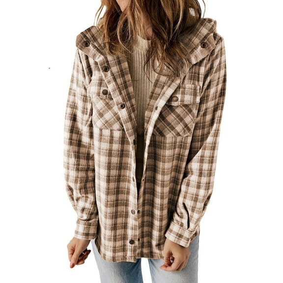 SHINE UP Flannel Shacket Jacket for Women Plaid Shirts Long Sleeve Button Down Tops Casual Hooded Coat