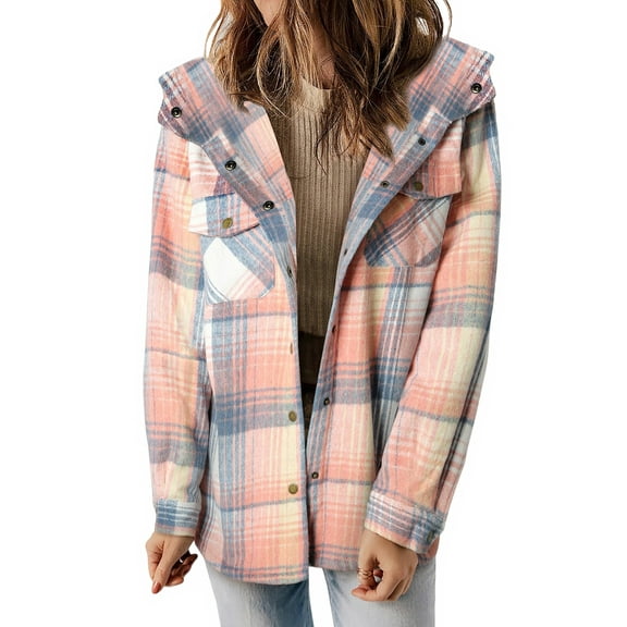 SHINE UP Flannel Shacket Jacket for Women Plaid Shirts Long Sleeve Button Down Tops Casual Hooded Coat