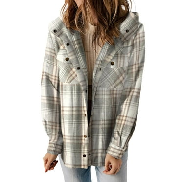 SHINE UP Flannel Shacket Jacket for Women Plaid Shirts Long Sleeve Button Down Tops Casual Hooded Coat