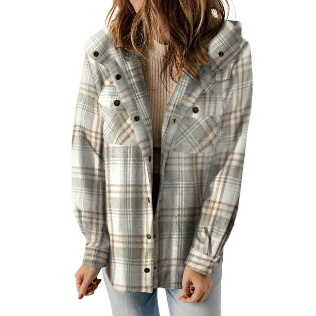 SHINE UP Flannel Shacket Jacket for Women Plaid Shirts Long Sleeve Button Down Tops Casual Hooded Coat