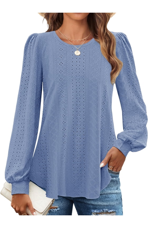 Long Sleeve Shirts for Women Casual Eyelet Top Crewneck Blouses