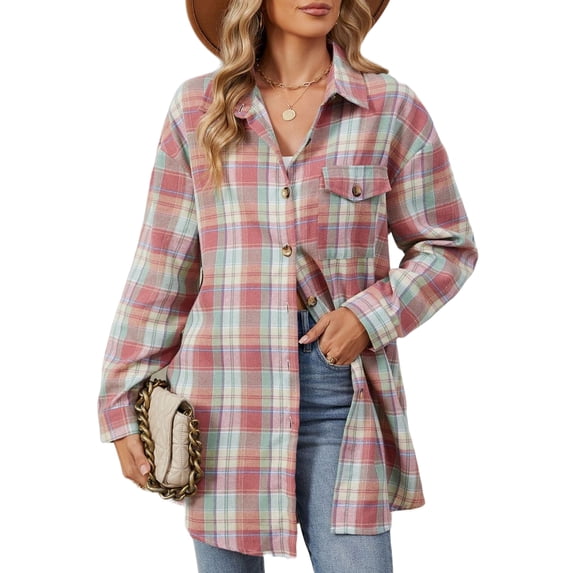 SHINE UP Plaid Shirts for Women Casual Long Sleeve Polo Blouse Oversized Button Down Up Tops with Pocket