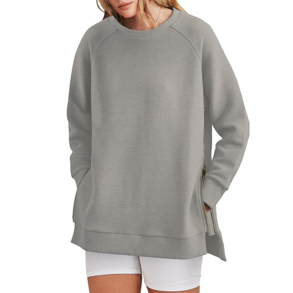 SHINE UP Sweatshirt for Women Long Sleeve Crewneck Tops Oversized Casual Pullover Shirts with Side Zipper