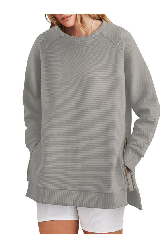 Sweatshirt for Women Long Sleeve Crewneck Tops Oversized Casual Pullover Shirts with Side Zipper
