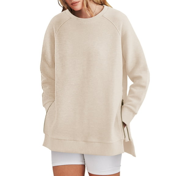 SHINE UP Sweatshirt for Women Long Sleeve Crewneck Tops Oversized Casual Pullover Shirts with Side Zipper