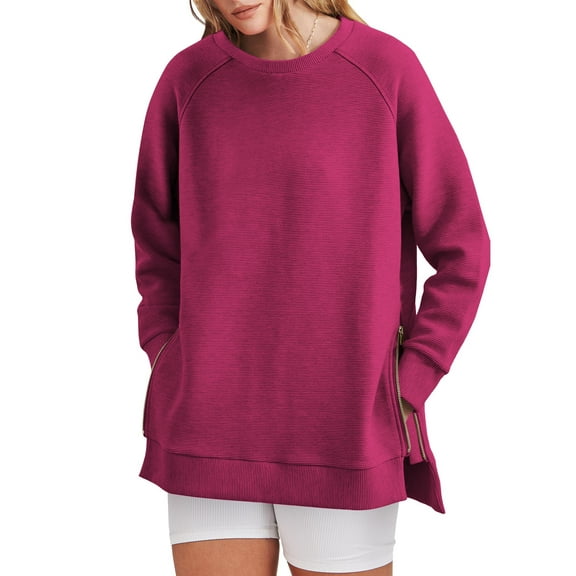 SHINE UP Sweatshirt for Women Long Sleeve Crewneck Tops Oversized Casual Pullover Shirts with Side Zipper