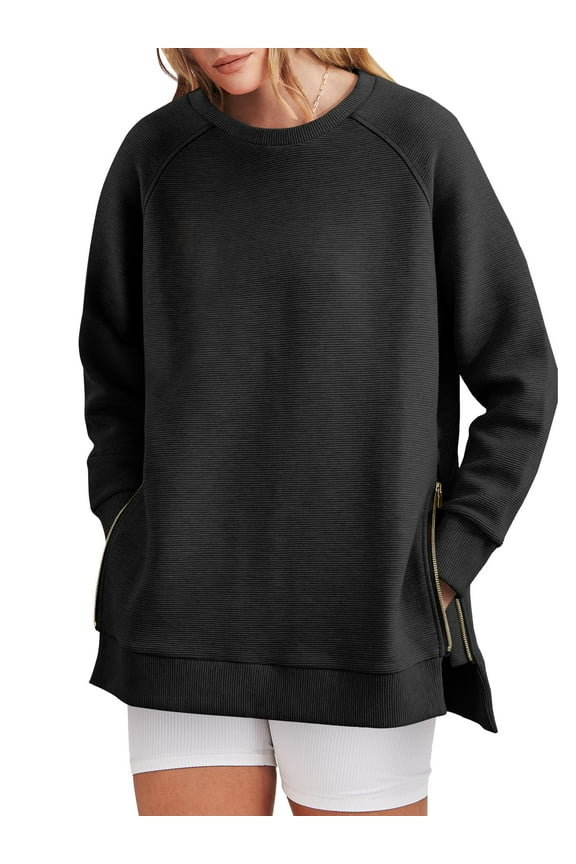Sweatshirt for Women Long Sleeve Crewneck Tops Oversized Casual Pullover Shirts with Side Zipper