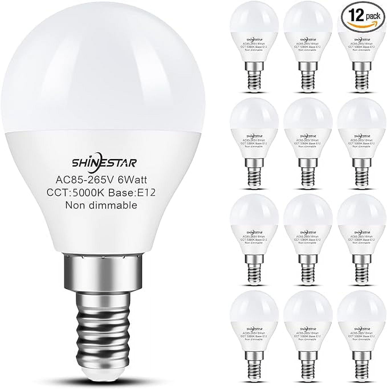 SHINESTAR 12-Pack Ceiling Fan Light Bulbs, E12 LED Bulb, Daylight 5000K,  120v 60w Equivalent, Candelabra Small Base, Non-Dimmable