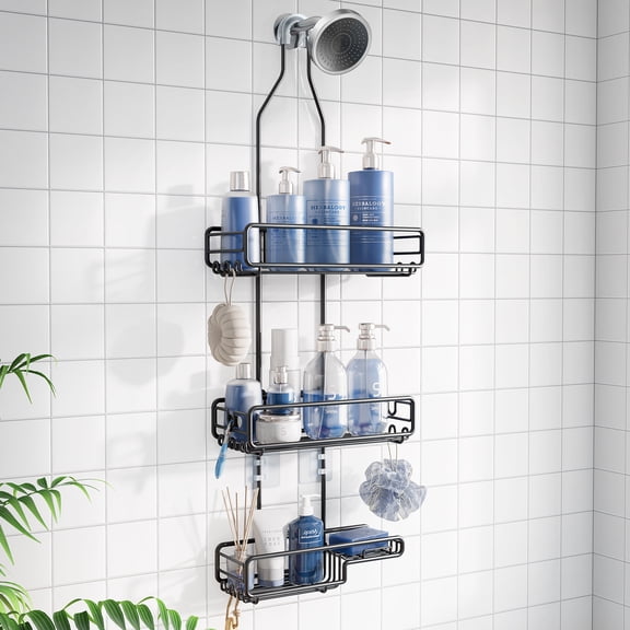 SHINGONE Adjustable over Head Shower Caddy: Hanging Bathroom Organizer for Large Bottles & Tall Showerheads - Rustproof Storage Shelf with Soap Holder