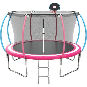 SHINPT 10FT Trampoline for Kids with Safety Enclosure Net, Basketball Hoop and Ladder, Easy Assembly Outdoor Recreational Trampoline, Pumpkin-shaped Trampoline with Anti Rust Coating for Garden