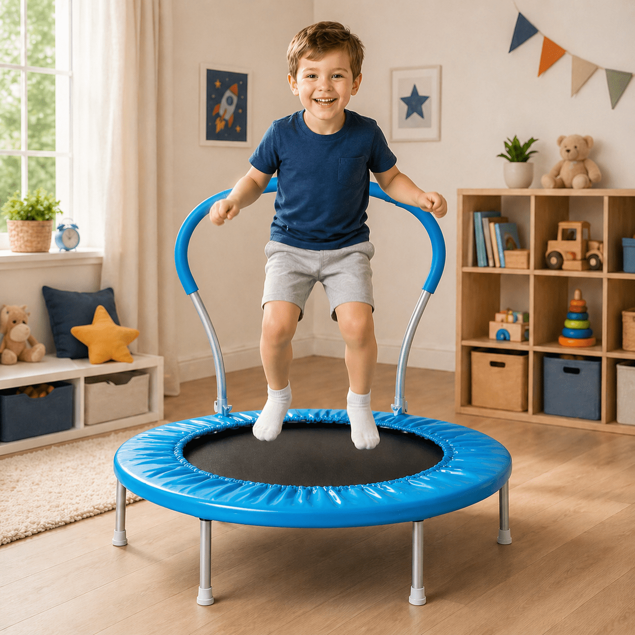 SHINPT 36 Inch Kids Trampoline with Handle Bar, Indoor Toddler Mini Trampoline for Boys Girls, Small Exercise Jumper for Playroom, Basement, Backyard, Birthday Gift