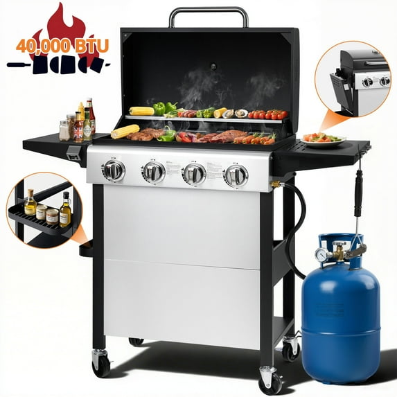 40000BTU Gas Grill with 4 Universal Wheels & Bottle Opener, 4-Burner Outdoor Grills with Side Table for Camping, Sliver