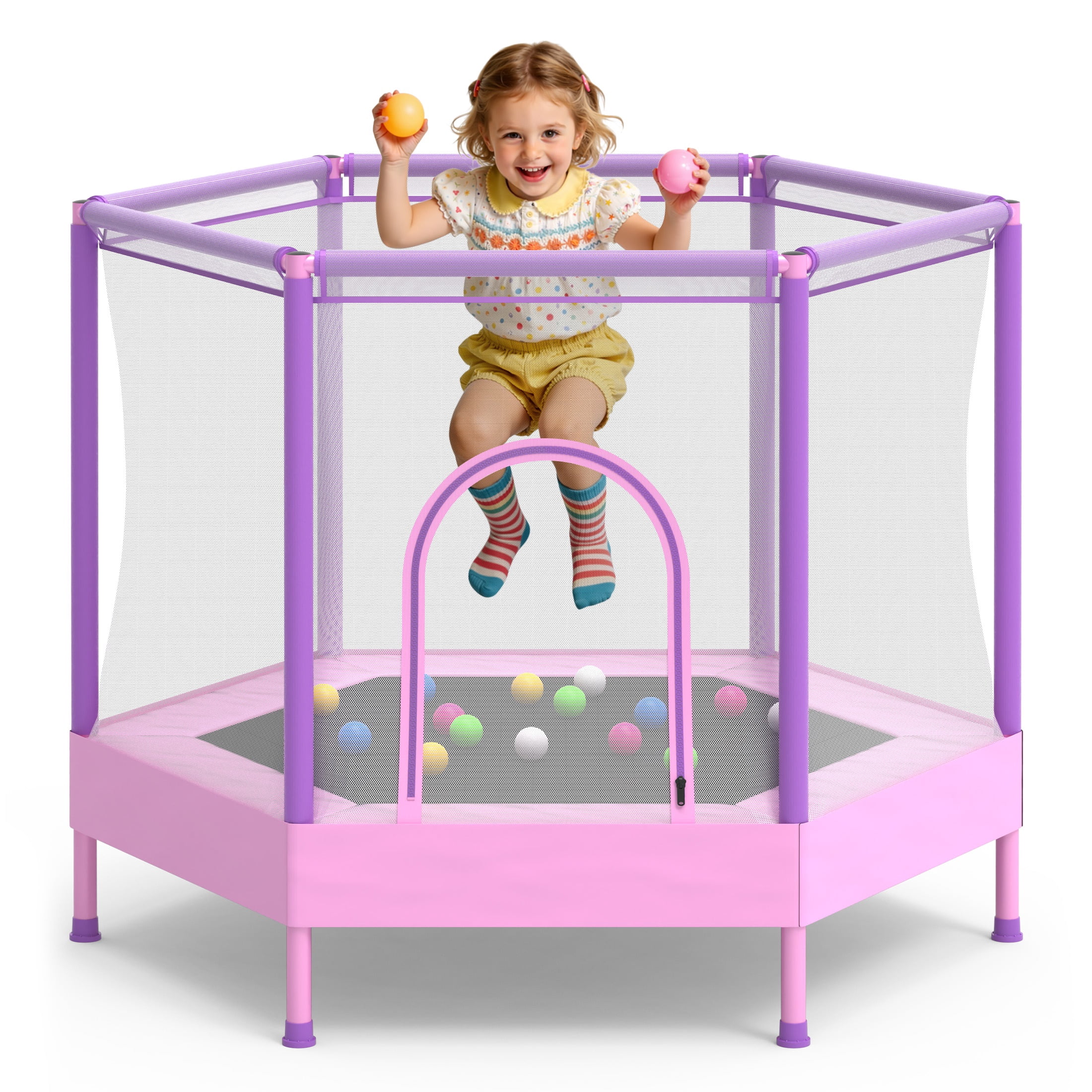 SHINPT 55'' Kids Trampoline with Safety Net, No-Gap Toddler Trampoline Indoor&Outdoor, Mini Trampoline for Kids Ages 3-8, 4.5FT Small Trampoline with Enclosure, Easy Assembly