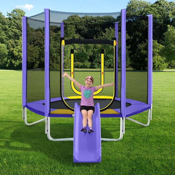 7FT Trampoline for Kids, SHINPT Toddler Trampoline Outdoor, Small Trampoline for Kids with Slide and Ladder, Recreational Trampoline for Backyard, Outside Toys for Kids with Safety Enclosure Net