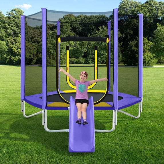 7FT Trampoline for Kids, SHINPT Toddler Trampoline Outdoor, Small Trampoline for Kids with Slide and Ladder, Recreational Trampoline for Backyard, Outside Toys for Kids with Safety Enclosure Net