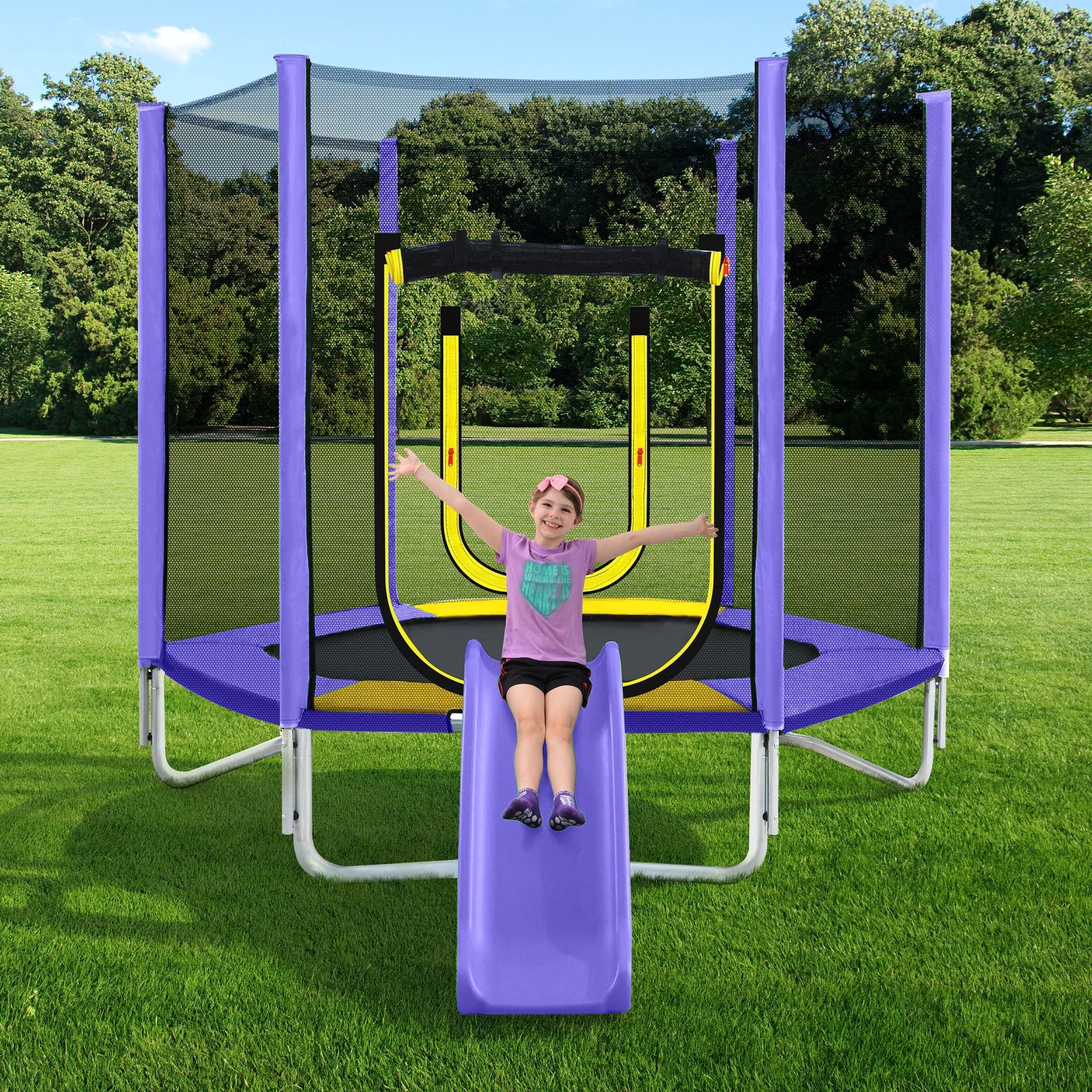 7FT Trampoline for Kids, SHINPT Toddler Trampoline Outdoor, Small Trampoline for Kids with Slide and Ladder, Recreational Trampoline for Backyard, Outside Toys for Kids with Safety Enclosure Net