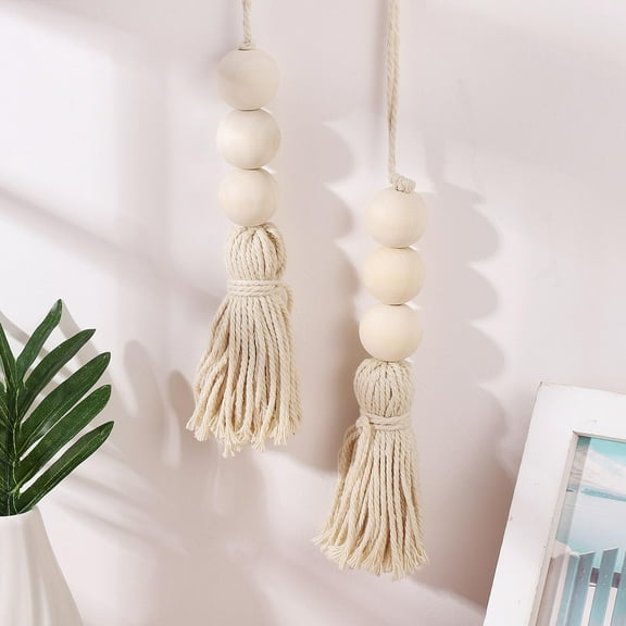 SHINYPASING Wall Hanging Beads Wood Bead Garland with Tassels Light Yellow 8pcs