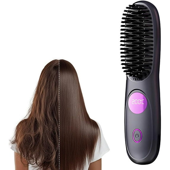 SHIORLAM Go Brush Pro, Cordless Hair Straightener Brush, Portable Mini Hair Straightening Brush with 3 Temperature Settings & LED Display, USB Rechargeable Fast Heating Hairs Brush for Travel (Black)