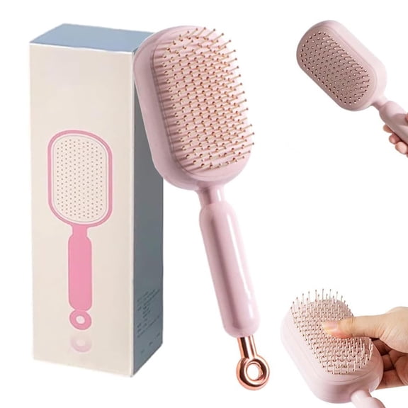 SHIORLAM Self Cleaning Hair Brush, Retractable Cushion Massage Comb, Anti Static Massage Comb for Women, Ergonomic Soft Hair Comb for All Hairs Types (Pink)