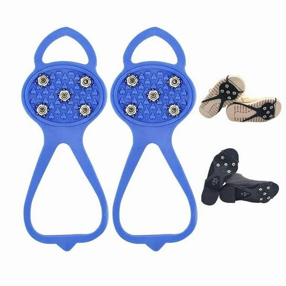 SHIORLAM Universal Non-Slip Gripper Spikes, Anti-Skid Snow Ice Shoe Spikes, 5 Tooth Steel Nails Traction Cleats for Hiking Walking Climbing, Blue