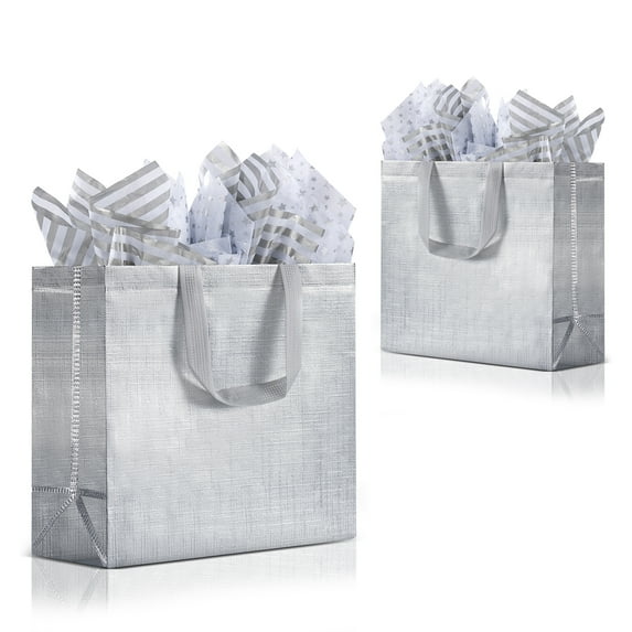 SHIPKEY 10 Pack Silver Gift Bags with Tissue Paper, 12.5x4.7x11 Inches, Reusable Gift Bags, Large Gift Bags, Reusable Grocery Bags for Bridesmaids, Men and Women (32x12x28 cm)