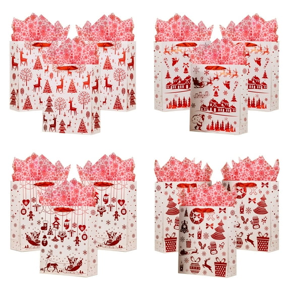 SHIPKEY 12 Pack Christmas Gift Bags, Large Christmas Bags 10x4x13 Inch, Assorted Red Christmas Bags with Tissue Paper, Treat Bags, Gift Bags for Presents