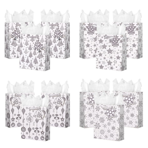 SHIPKEY 12 Pack Christmas Gift Bags, Large Christmas Bags 10x4x13 Inches Silver Christmas Bags with Tissue Paper, Treat Bags, Gift Bags for Presents