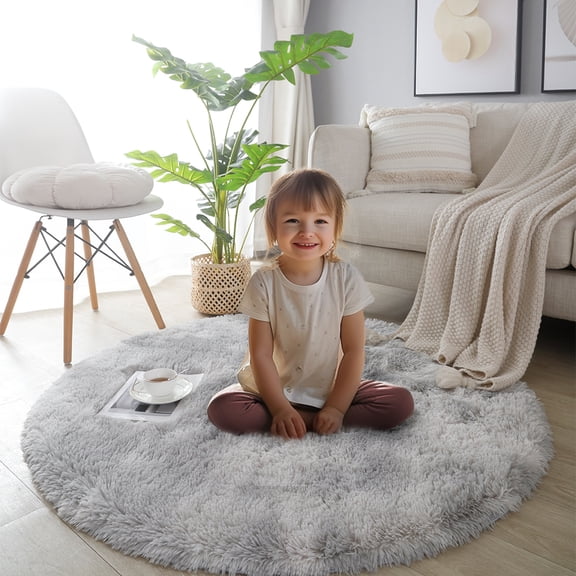 SHIPKEY Fluffy Soft Round Rugs, Indoor Area Rugs, Shaggy Anti-Skid Carpet for Bedroom Living Room, Round Area Rugs Perfect for Boys & Girls (Grey, 3.3x3.3 Feet/100x100cm)