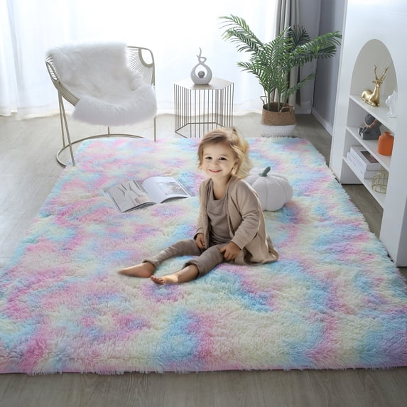 SHIPKEY Rainbow Area Rugs 4’x5.3’ (120x160 cm) Soft Indoor Rugs, Fluffy Shaggy Carpet for Bedrooms, Living Room, Home Décor