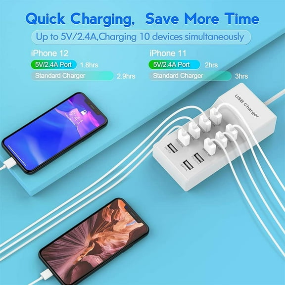 SHIQI-10-Port USB Wall Charger Station with Rapid Charging Auto Detect Technology Safety Guaranteed Family-Sized USB Ports for Multiple Devices Smart Phone Tablet Laptop Computer