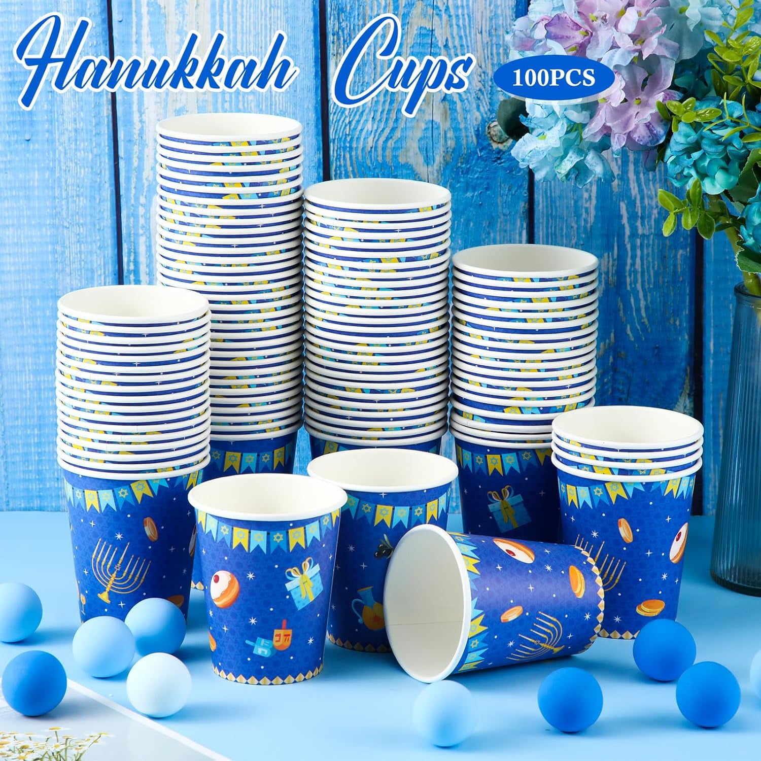 SHIQI-100 Pcs Hanukkah Paper Cups 9oz Blue Chanukah Cups Menorah ...