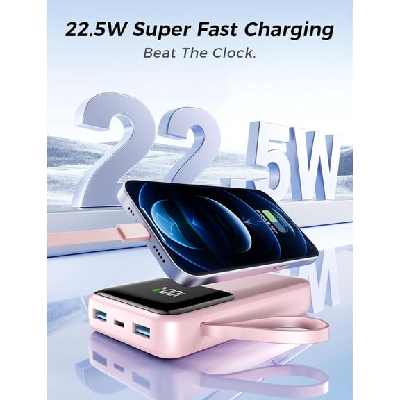 SHIQI-15000mAh Portable Charger with Built-in 4 Cables, 22.5W Fast Charging, 6 Outputs, Slim Travel Essential Battery Pack with LED Display, Compatible with iPhone 17/16/15/14, Samsung, iPad