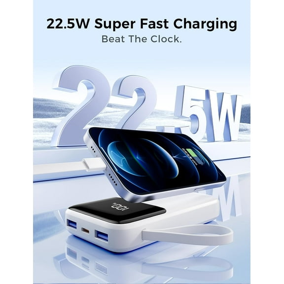 SHIQI-15000mAh Portable Charger with Built-in 4 Cables, 22.5W Fast Charging, 6 Outputs, Slim Travel Essential Battery Pack with LED Display, Compatible with iPhone 17/16/15/14, Samsung, iPad