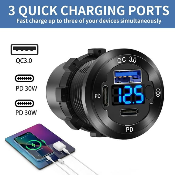 SHIQI-2 PACK 12V USB Car Socket Round USB C 12V Outlet, 3-Port Marine Fast Charger Waterproof Cigarette Outlet Replacement Aluminum with Switch and Voltmeter, Suitable for Boat Golf Cart RV Motorcycl