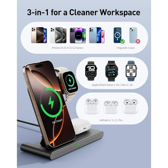 SHIQI-2025 Wireless Charger for Apple and Android Charging Station,3 in 1 Fast Max Charging for iPhone 16 15 14 13 12 Pro Max Plus, Apple Watch Series & Air pods 4 3 2 Pro, Android Samsung Galaxy Ser