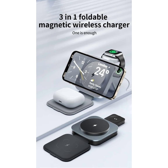 SHIQI-3 in 1 Charging Station for Apple Multiple Devices, Foldable Magnetic Travel Wireless Charger for iPhone 17 16 15 14 13 12 Pro Max Plus Apple Watch Series & AirPods 4/3/2/Pro (Black)
