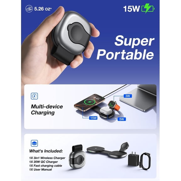 SHIQI-3 in 1 Charging Station for iPhone 16/15/14/13/12 Series, Foldable Travel Charger for Multiple Devices for AirPods 4/3/2/Pro, Wireless Charger Magnetic Charging for Apple Watch 10 9 8 7 6 5 4 3