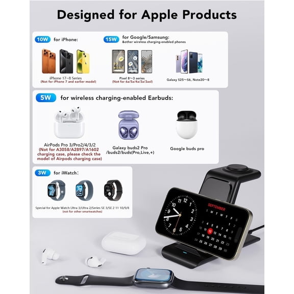 SHIQI-3 in 1 Wireless Charging Station Compatible for Apple Products Multiple Devices Charger for Apple Watch Ultra 11 10 9 8 7 SE AirPods Pro iPhone 17 16 15 14 13 Pro Max/X/XS Fast Charger Stand