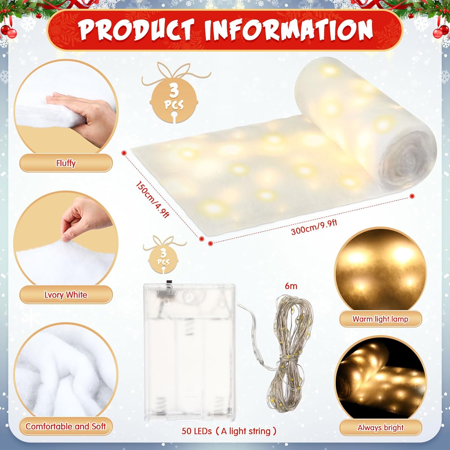 SHIQI-3 Pcs 5ft x 10ft Christmas Snow Blanket with Lights for Christmas ...