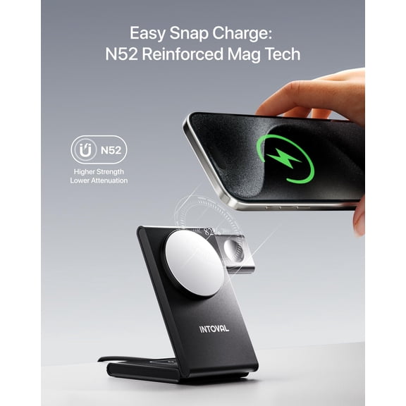 SHIQI-3-in-1 Magnetic Charging Station, Travel Foldable Charging Dock for Magsafe iPhone 16 to 12(Plus/Pro/Pro Max), Apple Watch and AirPods, Desk and Bedside Trio Magnetic Stand (M5,Black)