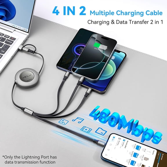 SHIQI-4 in 2 Retractable Charging Cable 4A,2Pack 4Ft Multi Chargers for All Devices,USBC Charging Cable with A/C to Type C/L/Micro USB Ports Universal Multiple USB Cable for iPhone Series/Samsung/Tab
